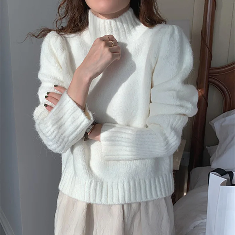 

HziriP Turtleneck Pullover Knitted Sweaters Women Loose Warm Soft Puff Long Sleeve Female Jumpers 2021 New Autumn Winter Tops