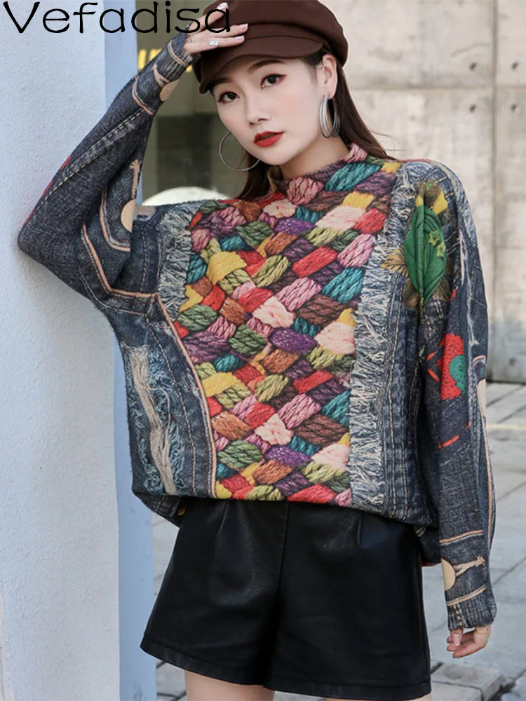 

Vefadisa Woman Ethnic Style Printing Turtleneck Pullover Sweater Loose Leisure Mink Hair Sweater 2023 Spring Autumn LHX2816