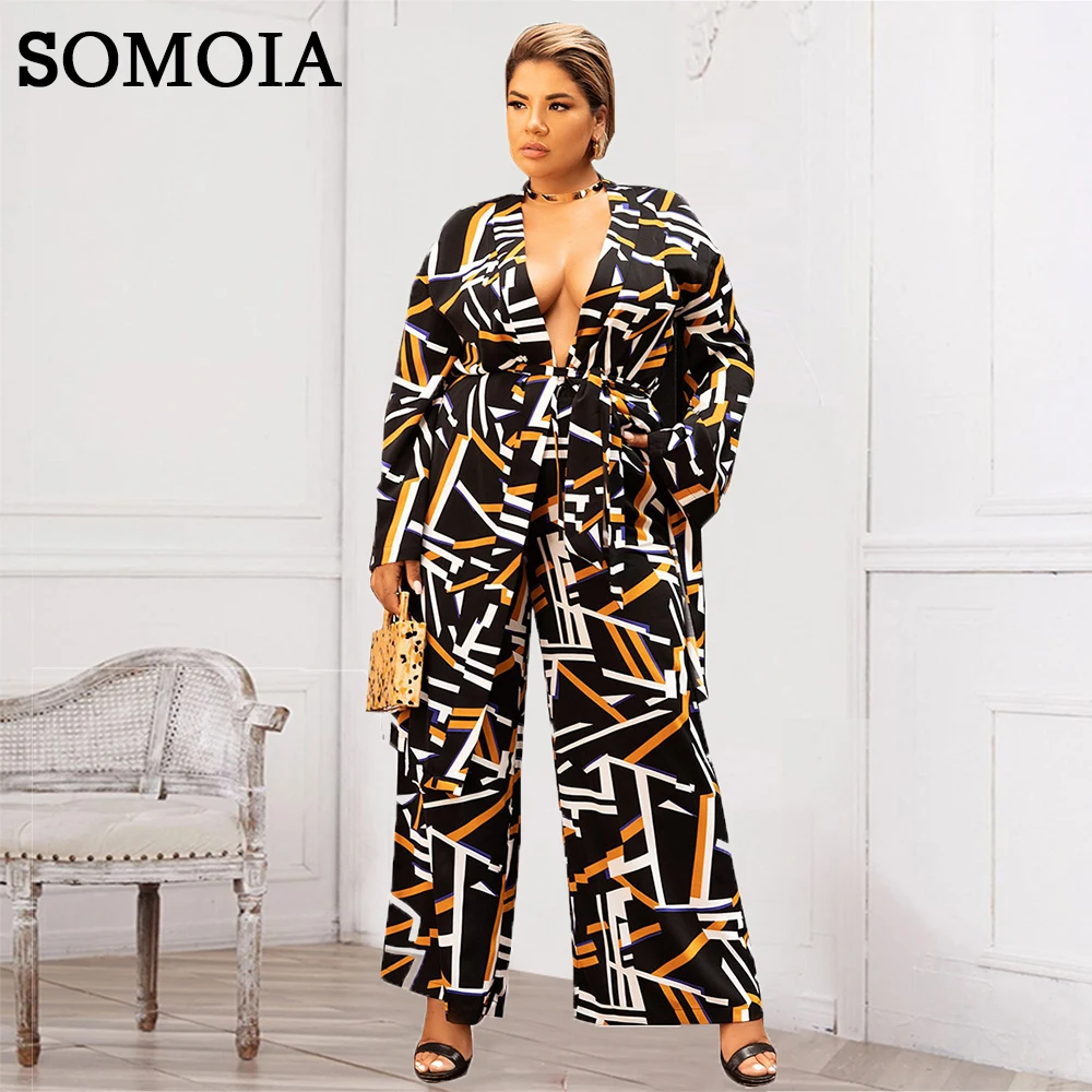 

Plus Size Fashion Clothes Autumn Winter Long Sleeve Kimono Wide Leg Pants Two Piece Set Women Loose Print Casual Lace Up Suit