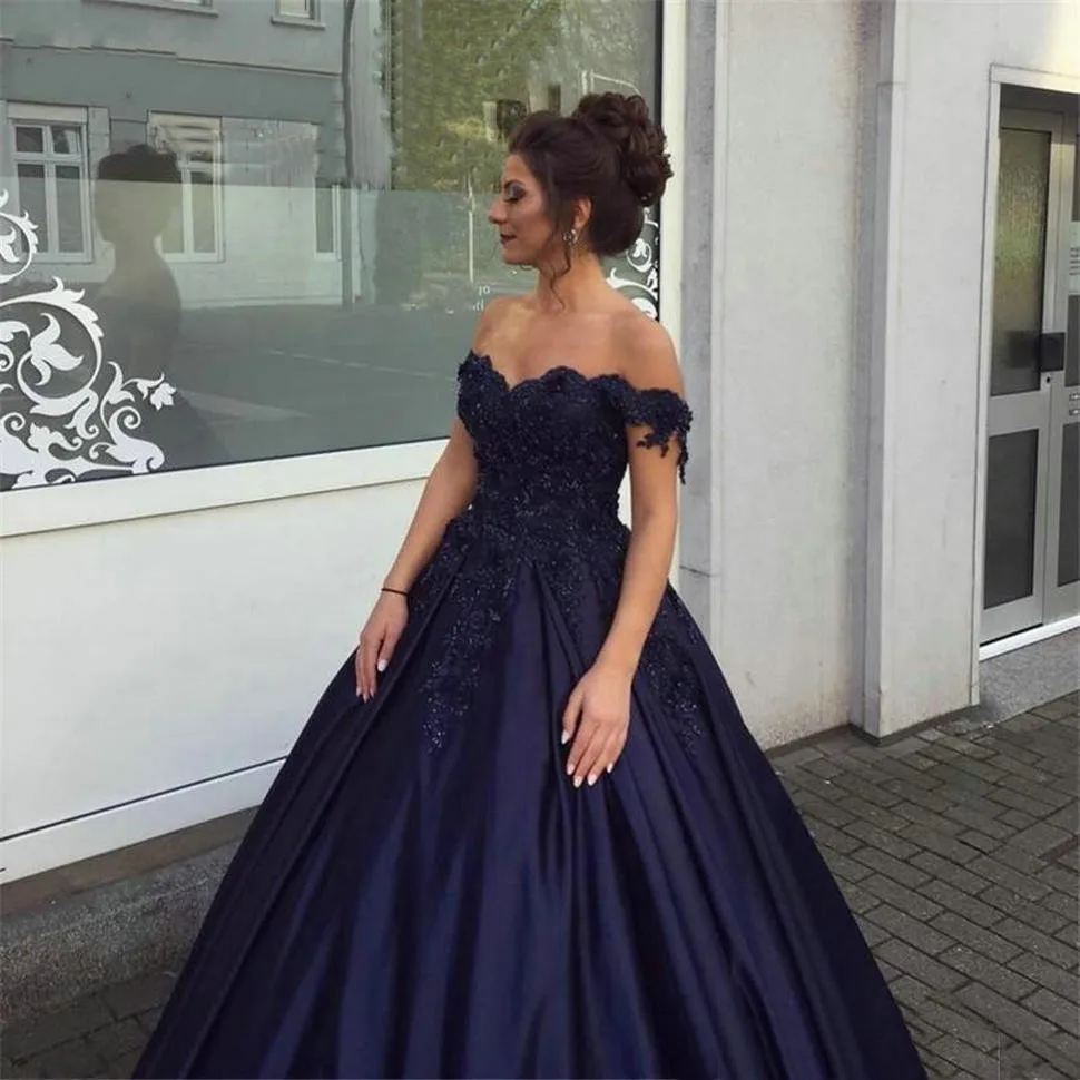 

ANGELSBRIEP Sweetheart Navy-Blue Evening Party Dresses Soiree Robe Formal Applique Floor-Length Satin Princess Prom Gowns
