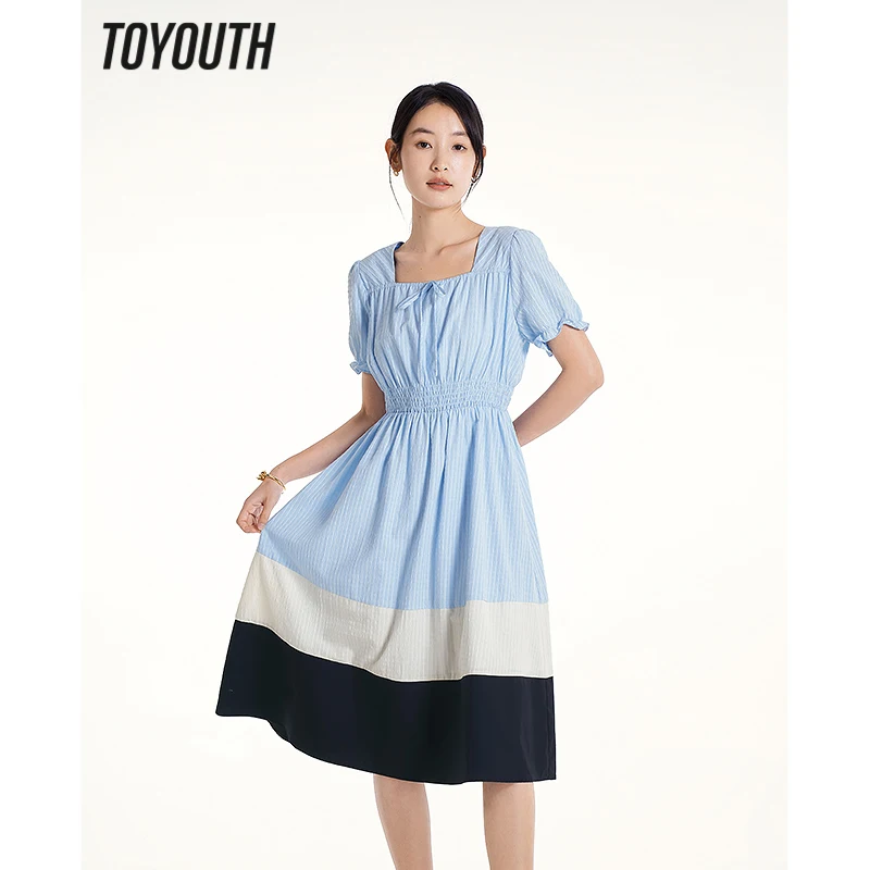 Toyouth Women Dress 2023 Summer Short Sleeve Square Neck A-shape Elastic Waist Pleated Design Striped Color Block Elegant Skirt
