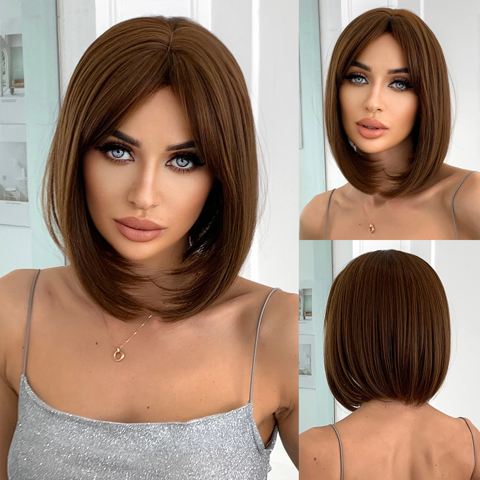 

Short Straight Wig Natural Brown Soft Wig for Women Daily Party Use Comfortable Synthetic Hair with Bangs High Temperature Fiber