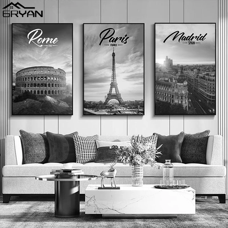 Черно-белый настенный плакат с изображением известных европейских городов
