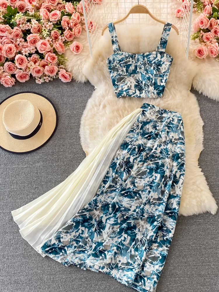 

FTLZZ Summer Casual Women Beach Two Piece Sets Sexy Spaghetti Strap Short Tops and Lace Floral Print Skirt Female Suits