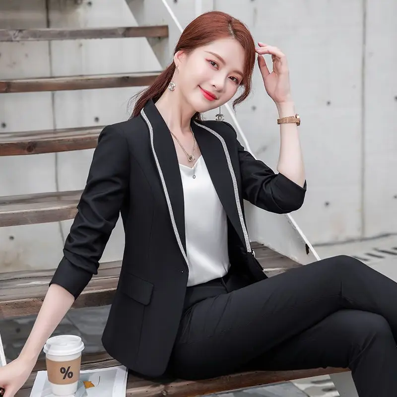 Vintage Slimming Women Trousers Suits Formal Casual Business & Pencil Pants Ladies Two Pieces Blazer Set Femme Outfits New W56