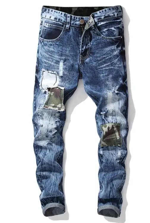 Men Jeans Holes Ripped Stretch Denim Pants Men's Fashion Jeans Patch Camo Hip Hop Jeans