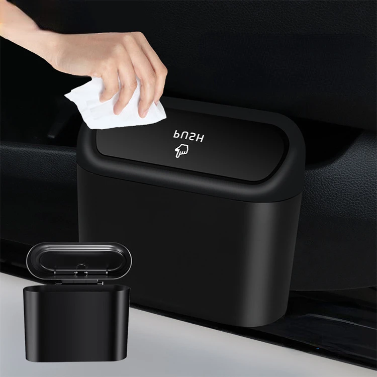 

Hanging Car Trash Can Vehicle Garbage Dust Case Storage Box Pressing Trash Bin Auto Interior Accessories Black for Home Car Use