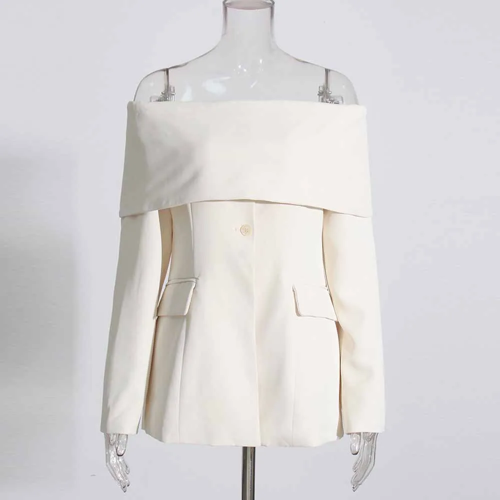 

Women Off Shoulder Solid Color Blazer Jacket Coat Casual Slash Neck Long Sleeve Button Women Tops White Blazers For Women
