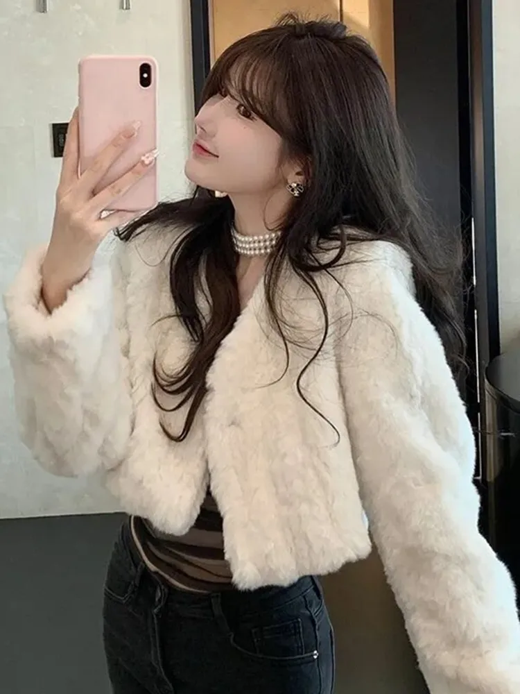 Women Short Faux Lamb Fur Jacket V-neck Furry White Fluffy