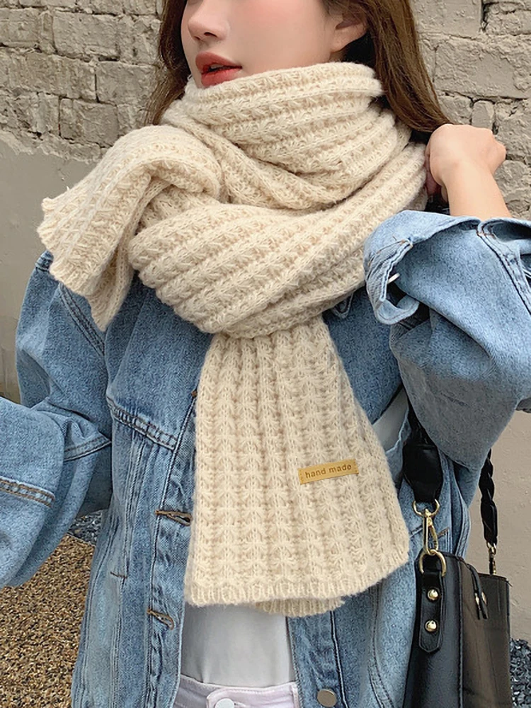 

CUHAKCI Winter Shawl Warm Knitted Scarf for Women Scarves Thick Woolen Yarn Neckerchief Lady Neck Wraps Men Hand Made New 2022