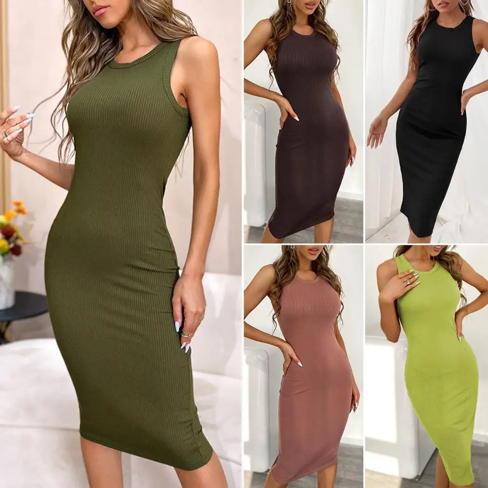 

Midi Dress Sleeveless Women Sundress Stretchy Hip Wrap Midi Dress