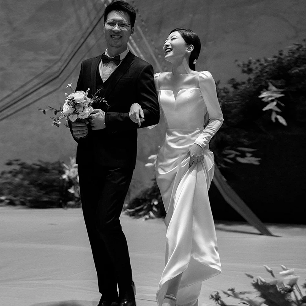 

Свадебные платья SONDR с открытой спиной и квадратным вырезом, с длинными рукавами и юбкой-годе, атласные платья невесты цвета слоновой кости, женские свадебные платья