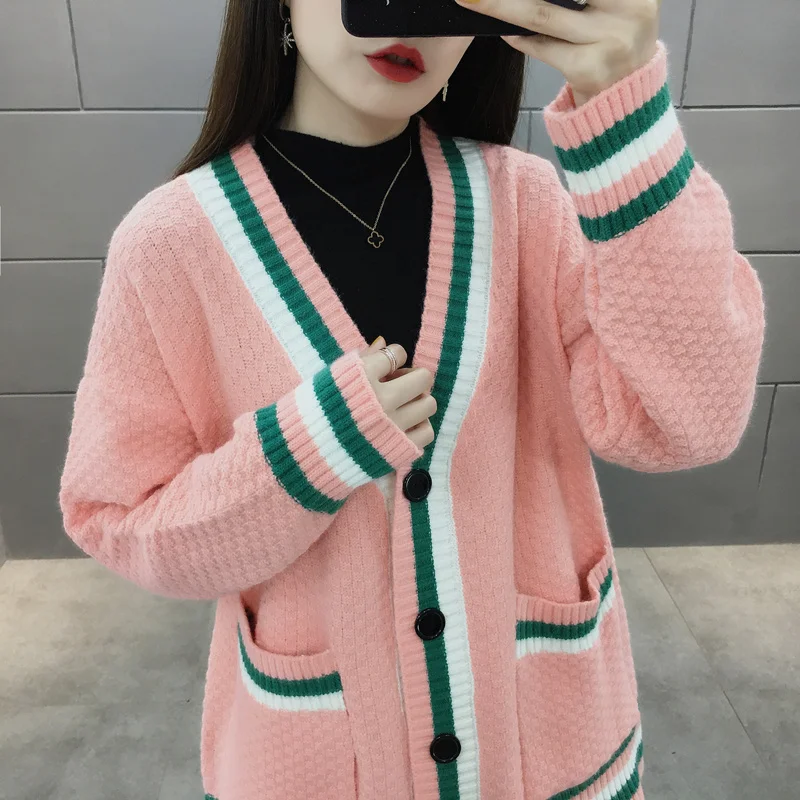 

Women's Sweet V Neck Long Sleeve Cardigan Spring Autumn Loose Sweater Outwear Lady Casual Soft Knitting Jacket Top