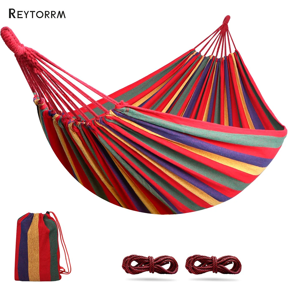 

180*150cm Single Outdoor Camping Hammock Portable Travel Wide Thick Canvas Stripe Hammock Swing with Carrying Bag 2 Tree Straps