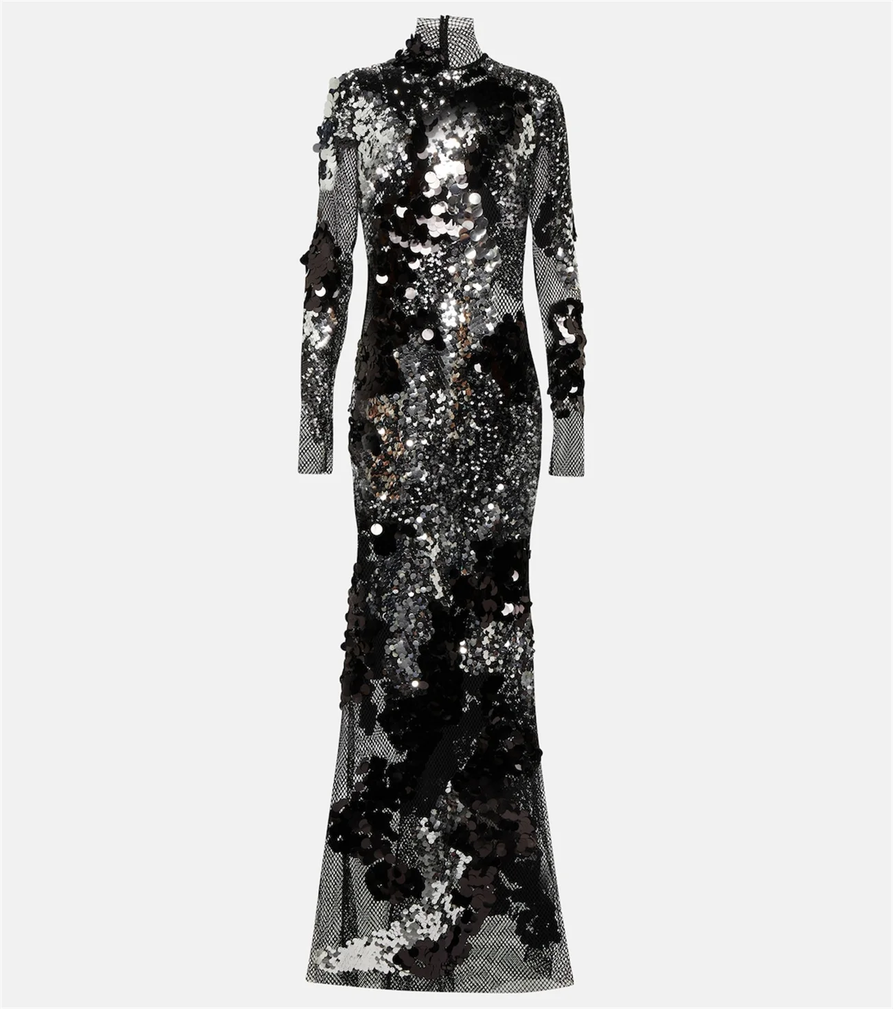 

Black Fishnet Ball Dress Size Round Sequin High Neck Long Sleeves Cutout Zipper Sexy Custom Stage Prom Dresses