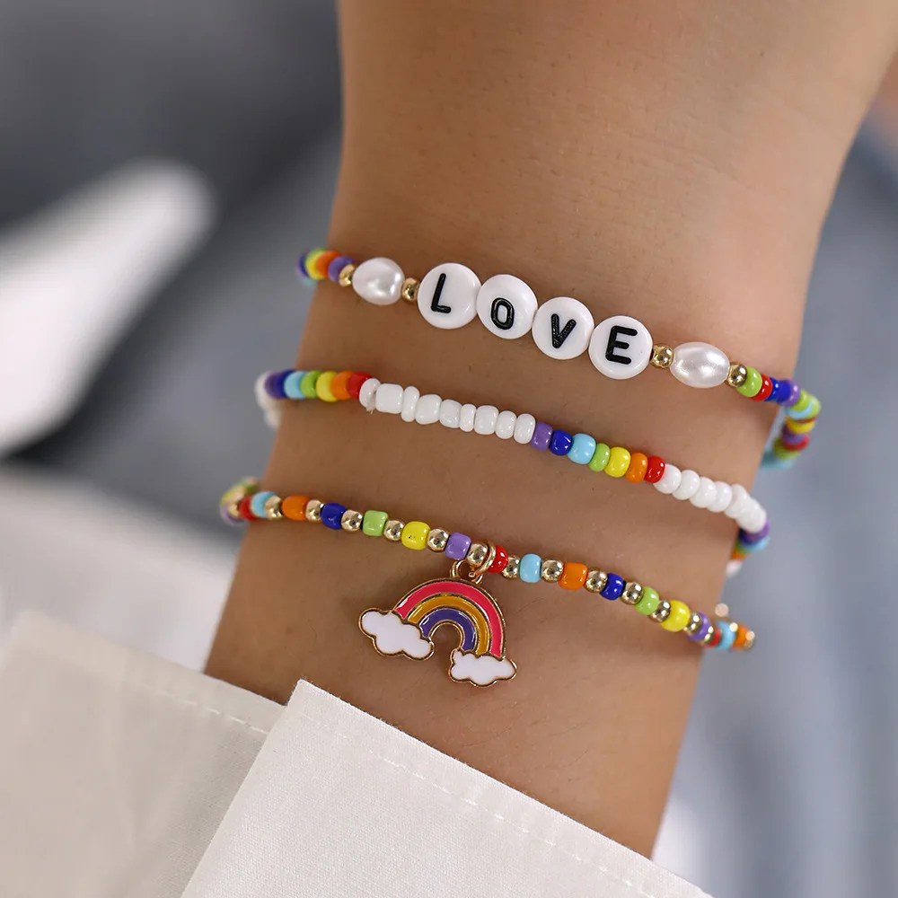 Boho Fashion Rice Bead Letters LOVE Love Rainbow Pendant Three Piece Bracelet for Women Girl  - buy with discount
