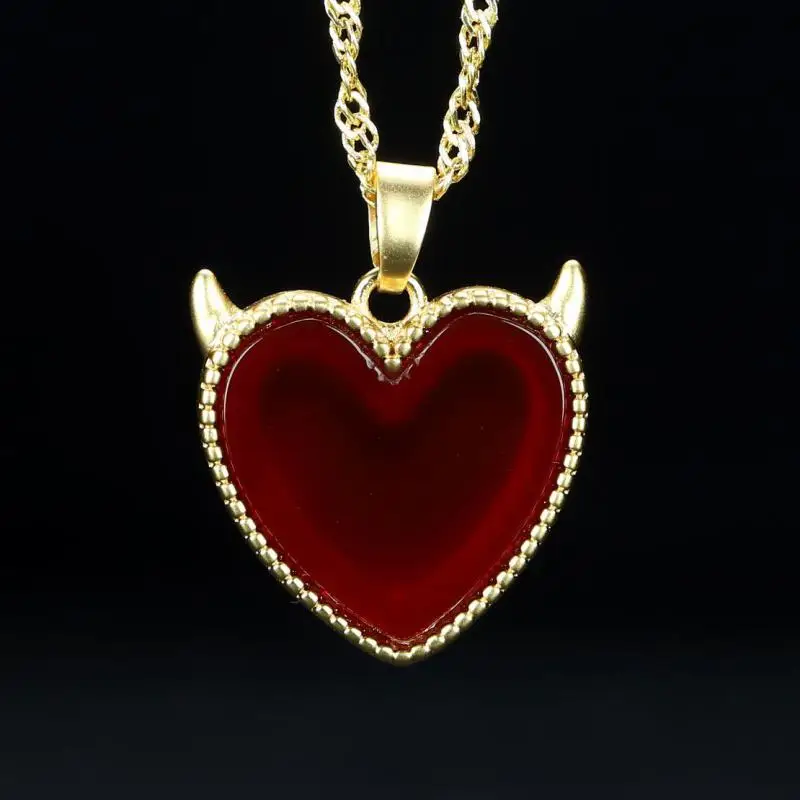 

24k Real Gold Plated Copper Red Jade Little Devil Love Heart Pendant Necklace Women Fine Jewelry Accessorie Girlfriend Mom Gifts
