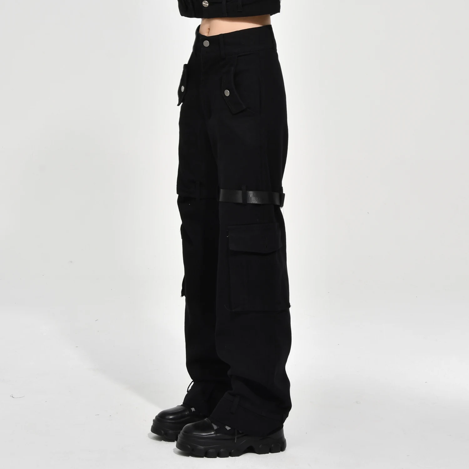 Korean Fashion Black Full Length Cargo Pants Women Streetwear New Design Multi-pocket Wide Leg Casual Trousers Spring Clothes XL