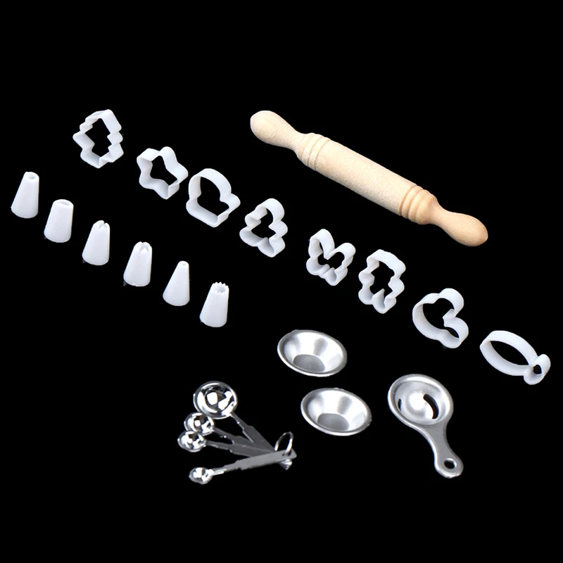

1:12 Dollhouse Miniature Rolling Pin Baking Cake Mold Nozzle Measuring Spoon Bakeware Tools Set Dolls House Baking Scene Decor