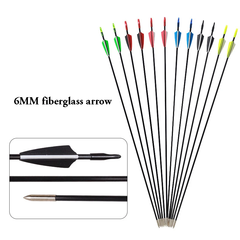 

6/12/24 Pcs Fiberglass Arrows 31 Inch Diameter 6mm 3 Inch Plastic Feather Recurve/Compound Bows Archery Hunting Arrow