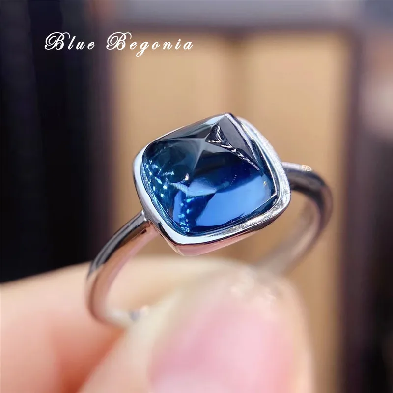 

8MM London Blue Topaz Ring Square Sugar Tower Natural Gemstone Fine Jewelry for Women Anniversary Gift Real 925 Sterling Silver