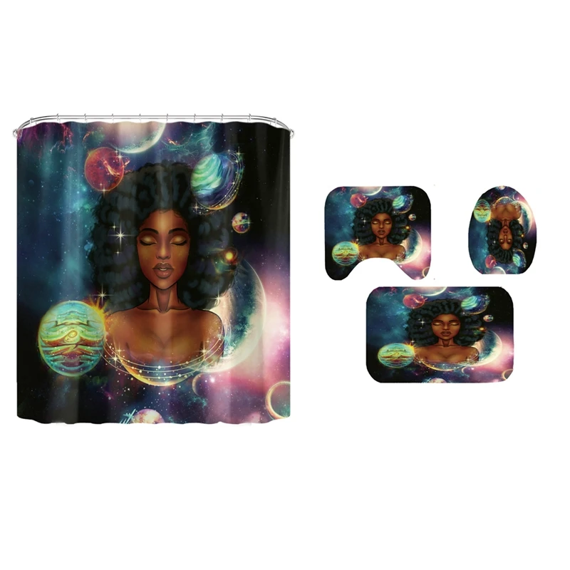 

Space African Woman Print Shower Curtain Set Girl Polyester Bathroom Curtains Anti-Slip Bath Mats Carpets Rugs Set