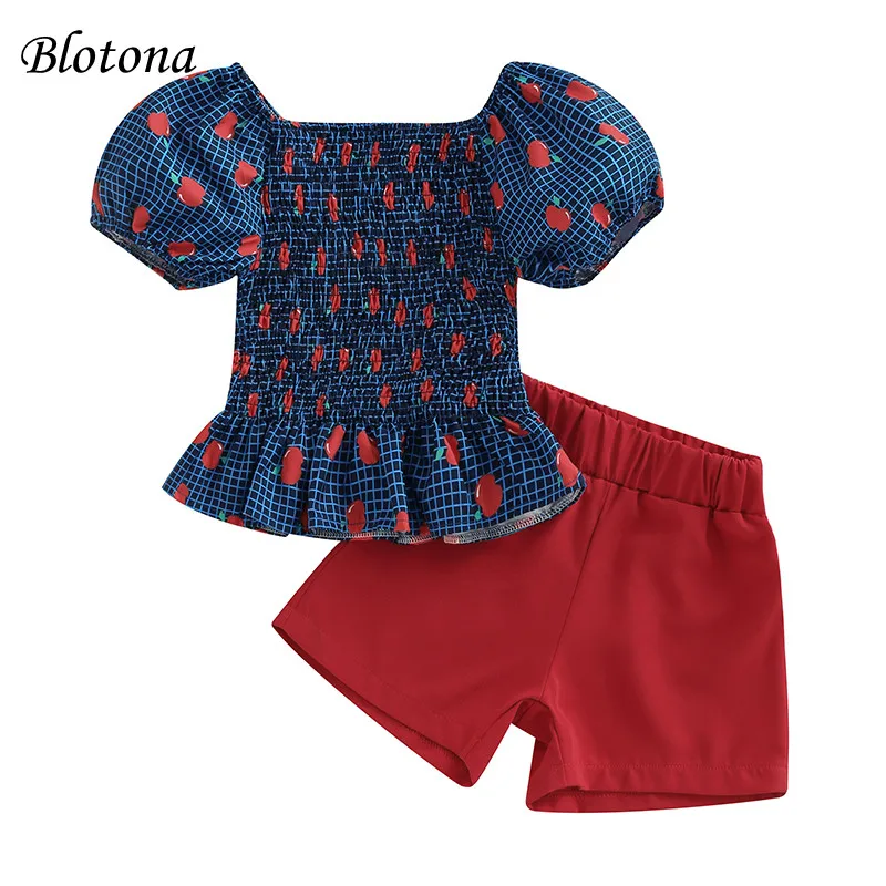

Blotona Kids Girls 2Pcs Outfit, Fruit Print Short Sleeve Pleated T-Shirt and Elastic Shorts Set Summer Clothing 6Months-4Years