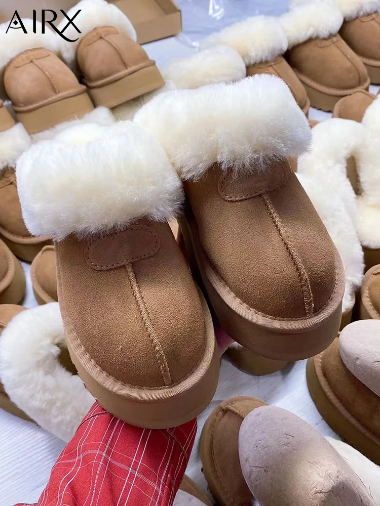 

Женские плюшевые ботинки на толстой подошве AIRX, коричневые или черные однотонные уличные шлепанцы на плоской подошве, для зимы, 2023