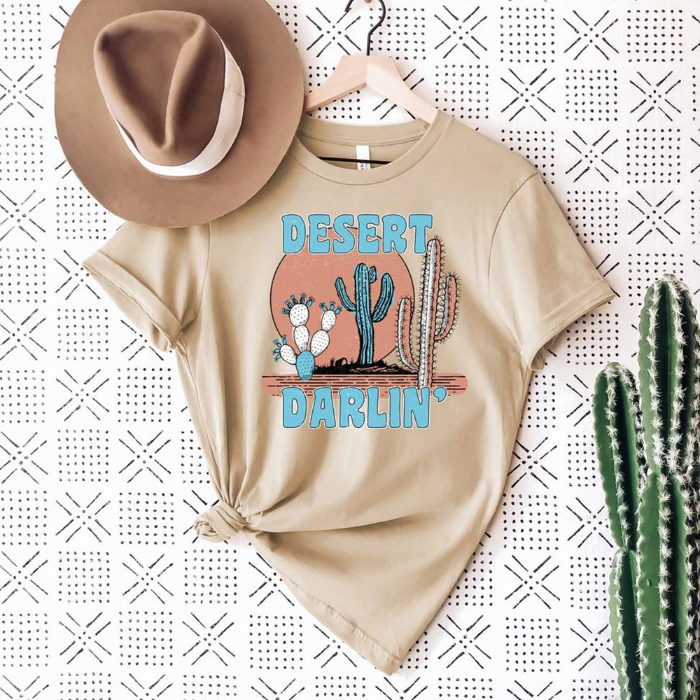 

Retro Style Desert Cactus Print Graphic Tops Tees Short Sleeve Plus Size Loose Cotton Casual Shirt Women 80s 90s Casual Tshirt