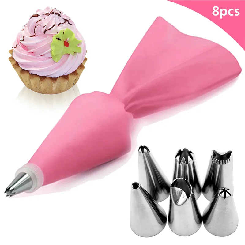 

8PCS/Set Silicone Kitchen Icing Piping Cream Pastry Bag + 6 Stainless Steel Nozzle DIY Cake Decorating Tips Fondant Pastry Tools