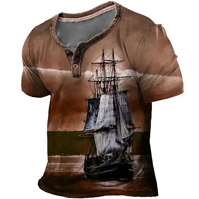 

Vintage T Shirt For Men Cotton T-Shirts Boat Graphic 3D Printed Henley Shirt Long Sleeve V-Neck Tees Oversized Man Clothing Tops