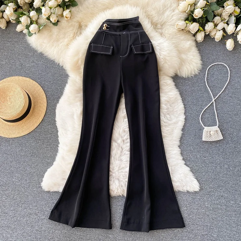 

European Station 2022 Spring New High-waisted Thin Black Big Bell Bottoms Mopping Trousers All-match Casual Short Pants KK1816