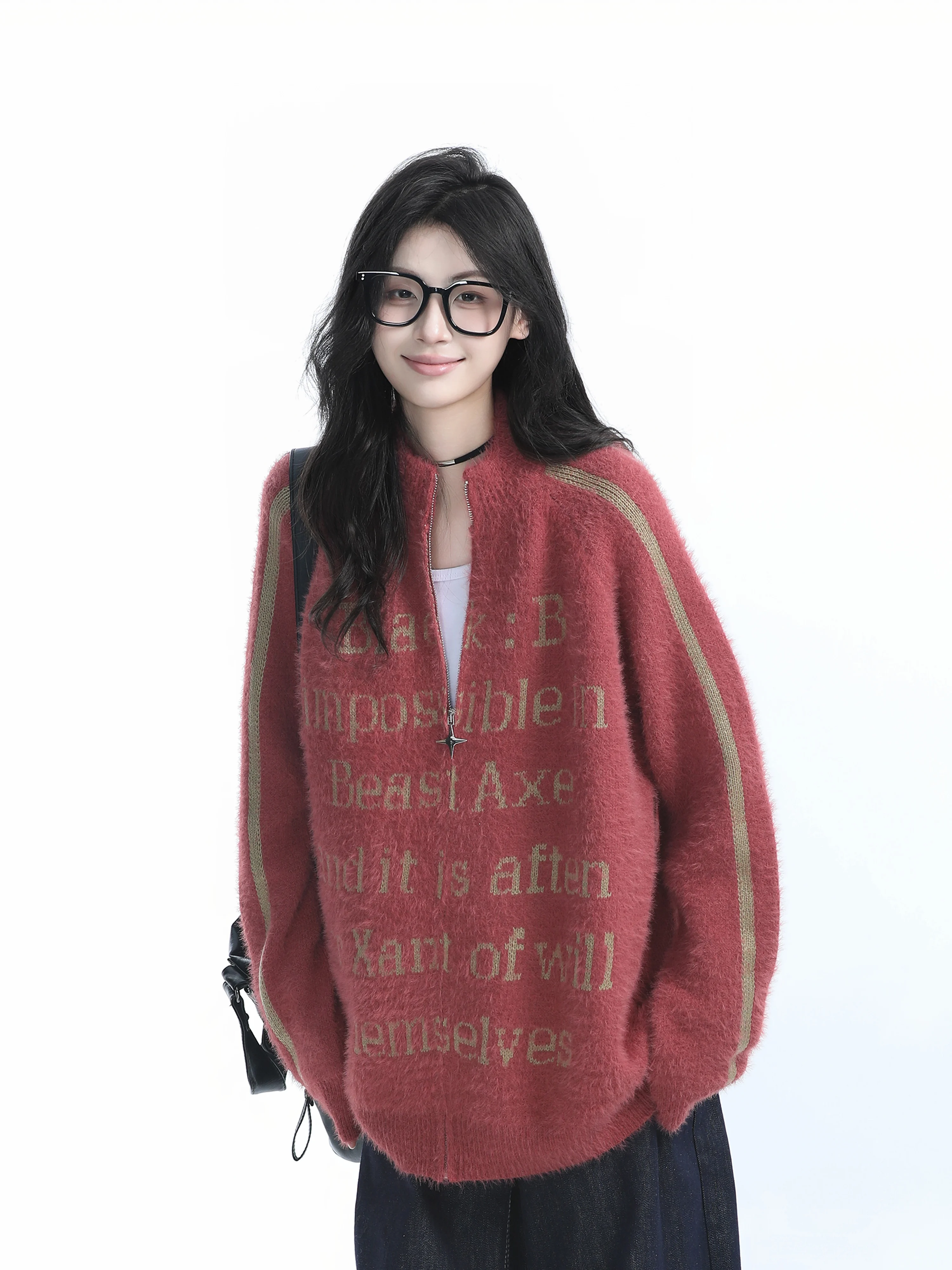 [Sitting in the Mountains] American High Street Fashion Brand Zip-up Cardigan sweater Outerwear Women Autumn and Winter Lazy ...