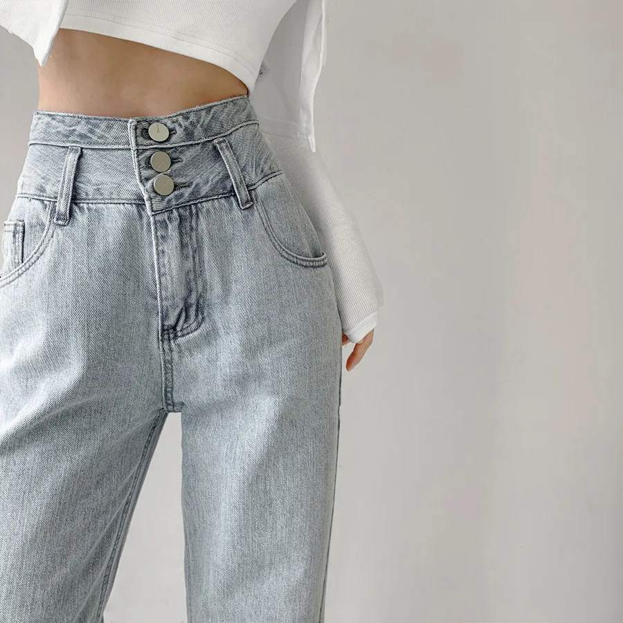 Fashion High Waist Straight Women Jeans Vintage Hip-hop Denim Pants Lightblue Wide Leg Jeans Chic Y2K Denim Pants Streetwear