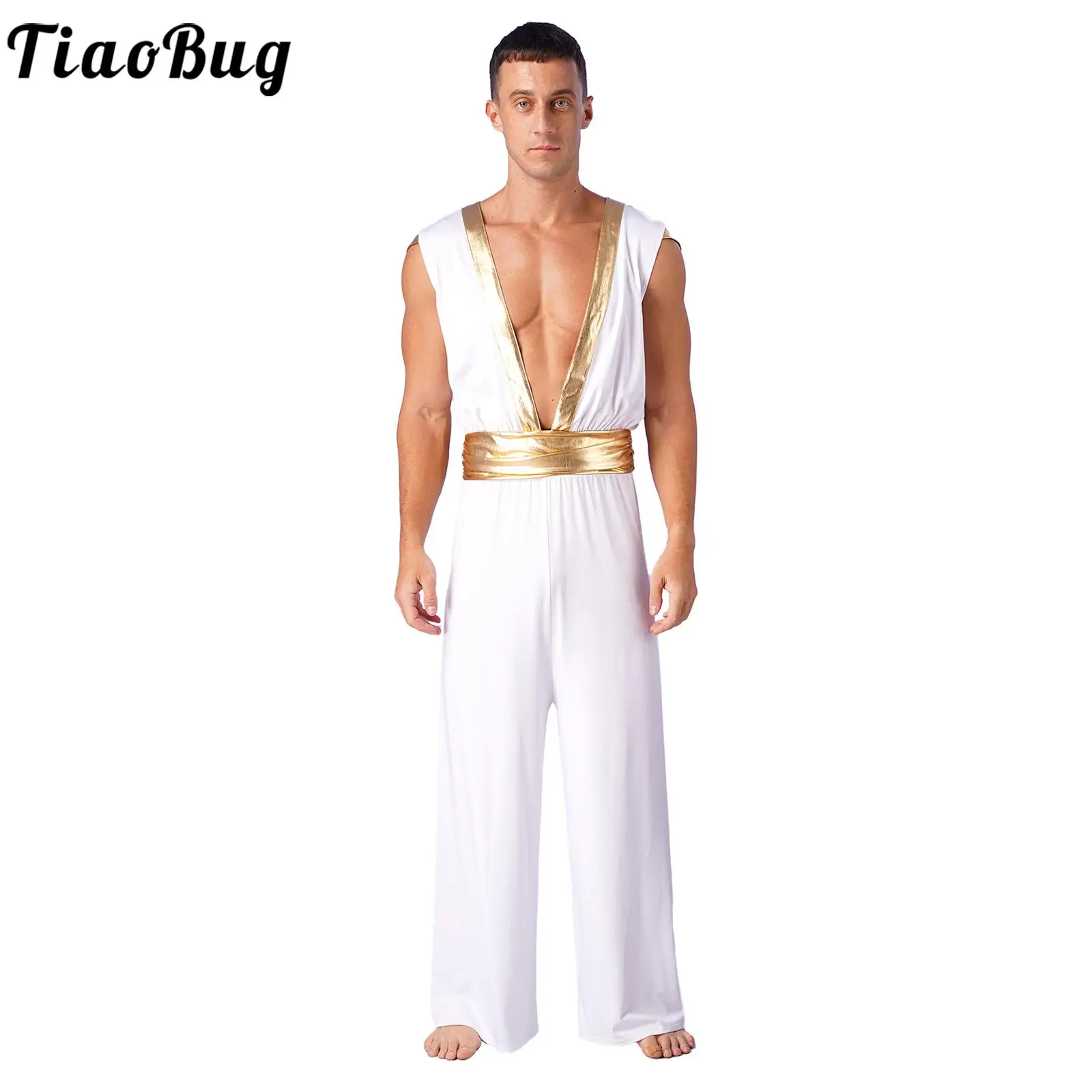 

Мужской арабский комбинезон для ролевых игр, Свободные Комбинезоны без рукавов с металлическими вставками и рюшами, с глубоким V-образным вырезом