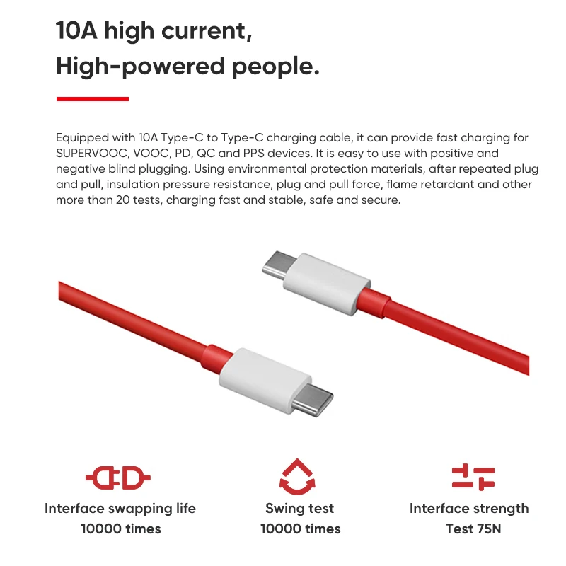Oneplus 100W Dual Port SuperVOOC Charger USB A USB C Type Fast Charger 45W Ourput 10A Type C Cable For Oneplus 11 10 Pro Ace 2