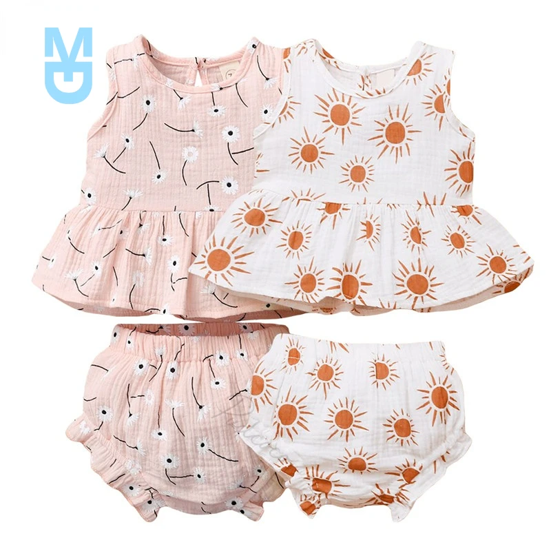 

New Infant born Baby Girls Vest Shorts Cotton Linen Suit Fresh Daisy/Sun Printed Sleeveless Tops Triangle Short Pants 2Pcs Outfi