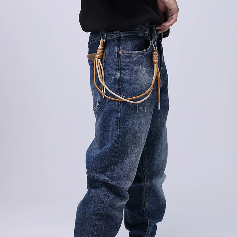 Streetwear Men New Pattern American Vintage Blue Jeans Straight Cylinder Loose Elastic Force Street Trousers Autumn Female Sex