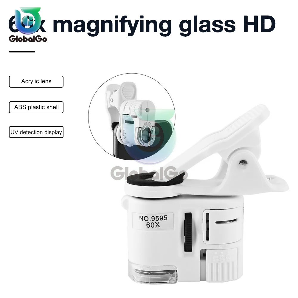 

Mini 2 in 1 Clip Microscope 60X LED Glass Focusing Adjusted Pocket Microscope for Jewelry Magnifying with Cell Phone Clip UV
