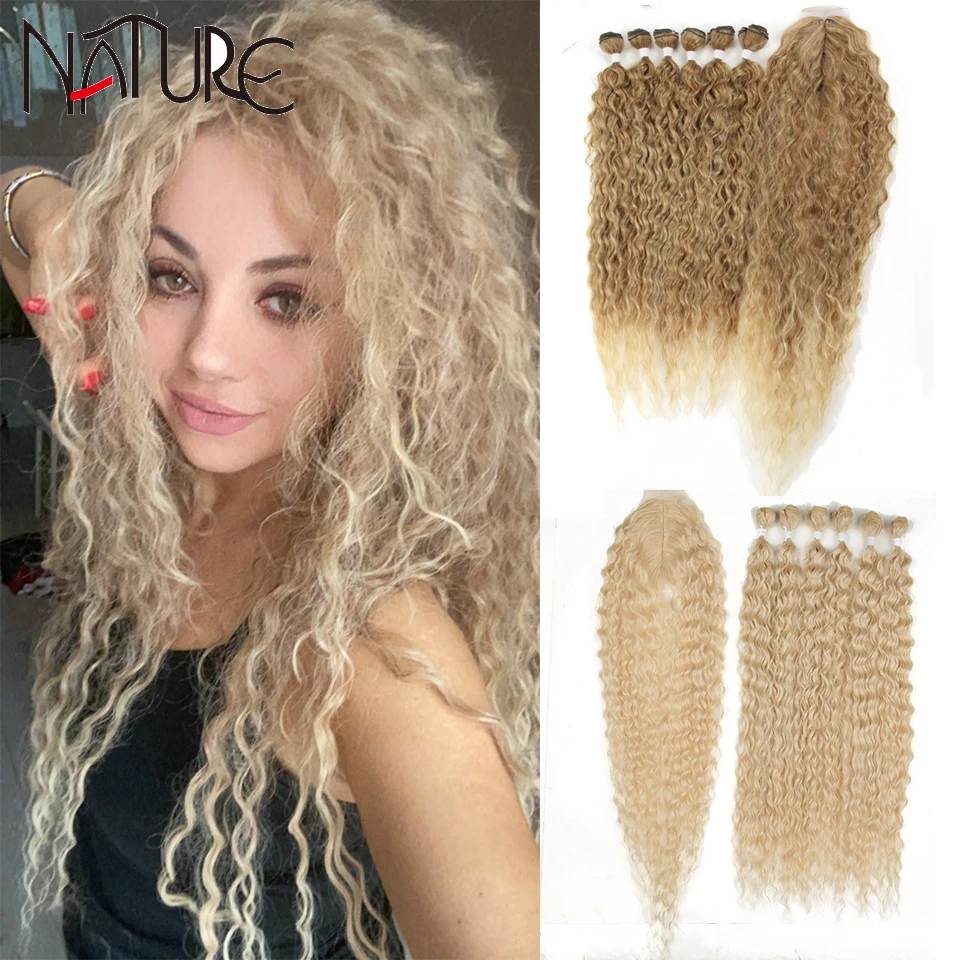 

Nature Afro Kinky Curly Synthetic Hair Bundles With Closure Blonde Fake Hair Extensions Long Curl Wavy Deep Wave Heat Resistant