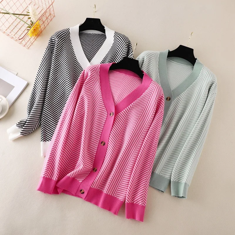 

Single Breasted Cardigan Female V Neck Collision Colour Loose Striped Jumper Jacket Long Sleeved Tops