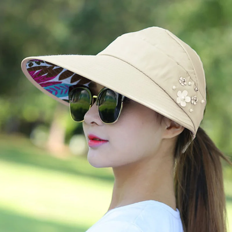 

Wide Brim Visors Hat Faux Pearl Flower Decor Solid Color Sun Hats Elegant Breathable Outdoor Sunscreen Beach Cap
