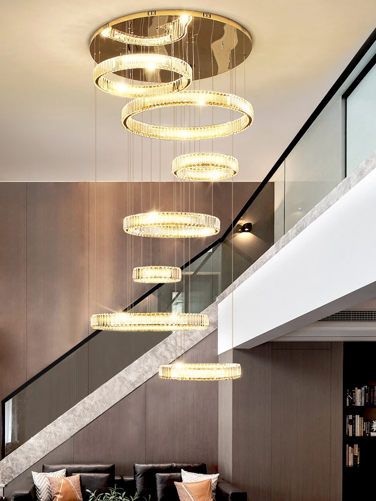 

Modern Led Hall Chandeliers Stairs Hanging Light Fixture Lustre Ring Pendant Lights Suspension Design Luxury Crystal Chandelier