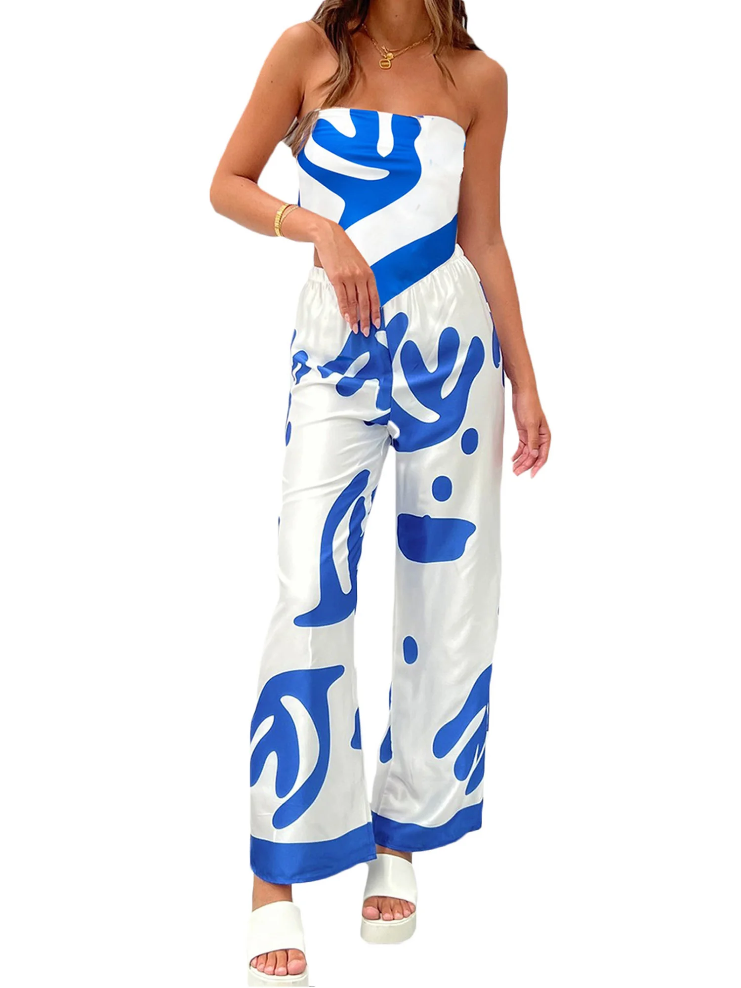 

Женский Повседневный облегающий комплект из 2 предметов, топ-труба с открытыми плечами и принтом, свободные брюки с высокой талией, летняя одежда