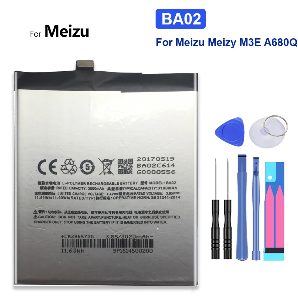 

BA02 3100mAh Replacement Battery For Meizu Meizy Mei Zu M3E A680Q Meilan E Rechargeable Batteries with Free Tools