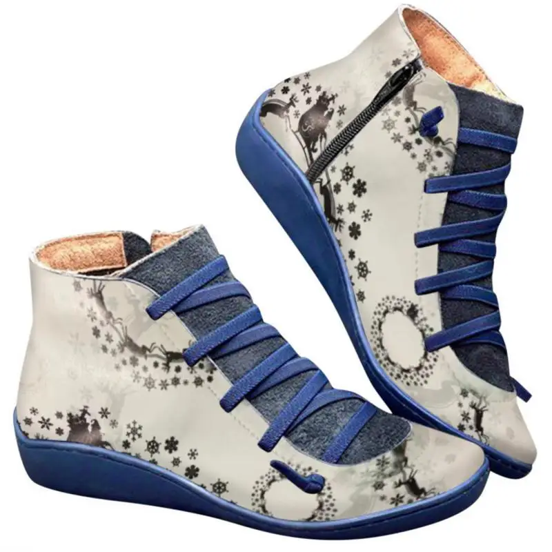 2022 Winter Boots Thick-soled Women's Shoes European-style Women's Martin Boots New Fashion Christmas Print Side Zipper Lace-up