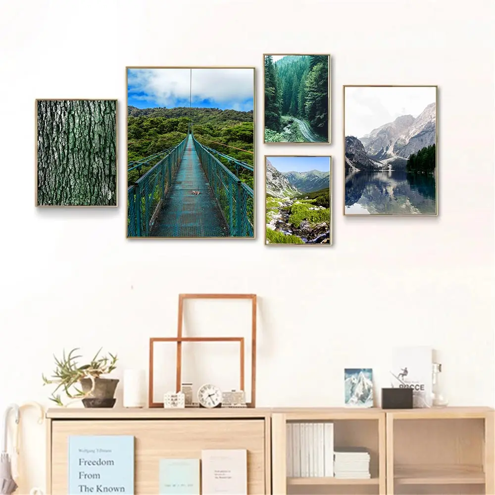 

Nordic Mountain Lake Reflection Wall Art Poster Leaf Forest Plank Road Prints Natural Scenery Canvas Paintings Living Room Decor