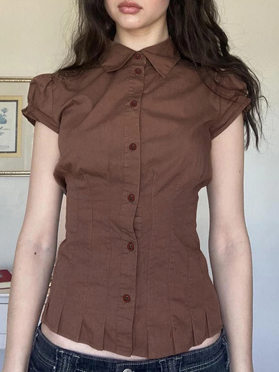 Women Short Sleeve Shirts Solid Color Pleated Buttons Fashion Blouses Summer Casual Tops Streetwear