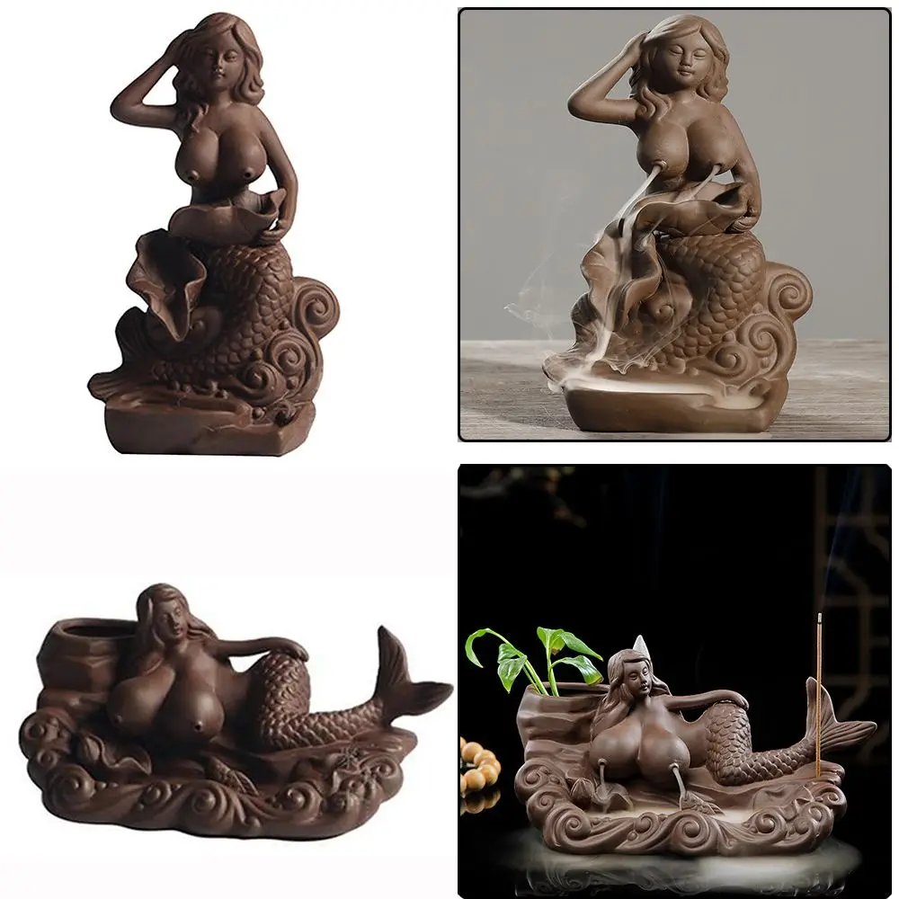 

Creative Meditation Mermaid Ornaments Handicraft Ceramics Backflow Incense Burner Censer Holder
