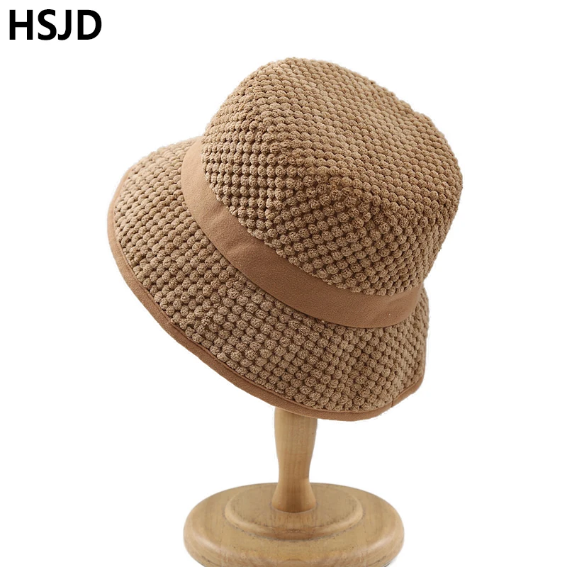 

High Quality Corduroy Velvet Wide Brim Flat Fisherman Hat Autumn Winter Thick Warm Granular Corduroy Plain Bucket Hats For Women